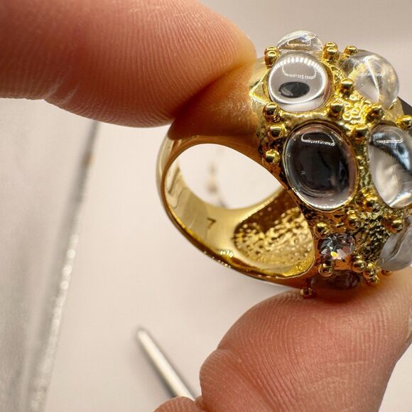 Huge Domed Cocktail Ring Faux Garnet With Clear Cabochons HSN QVC Size 6.5 - Picture 5 of 13